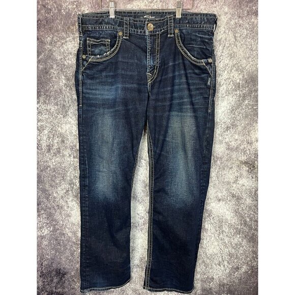 Silver Jeans Mens 34 x 32 Dark Blue Relaxed Straight Leg Gordie Vintage Biker - Picture 1 of 14